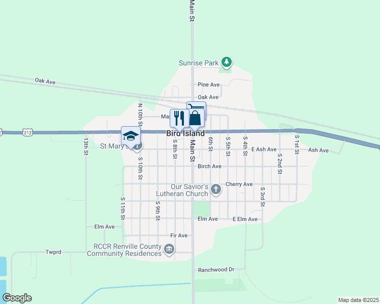 map of restaurants, bars, coffee shops, grocery stores, and more near 210 Main Street in Bird Island