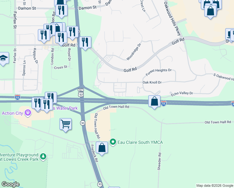 map of restaurants, bars, coffee shops, grocery stores, and more near 4923 Coventry Court in Eau Claire