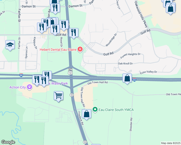 map of restaurants, bars, coffee shops, grocery stores, and more near 4916 Coventry Court in Eau Claire