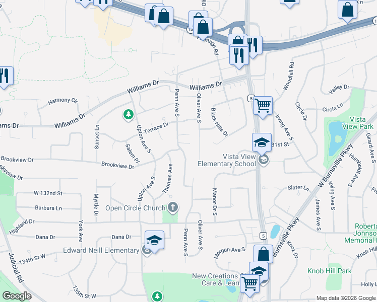 map of restaurants, bars, coffee shops, grocery stores, and more near 2341 Brookview Drive in Burnsville