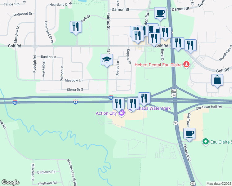 map of restaurants, bars, coffee shops, grocery stores, and more near 4933 Kappus Drive in Eau Claire