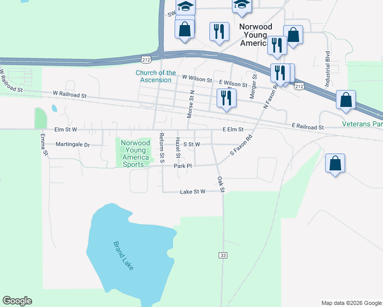 map of restaurants, bars, coffee shops, grocery stores, and more near 219 Brush Street in Norwood Young America