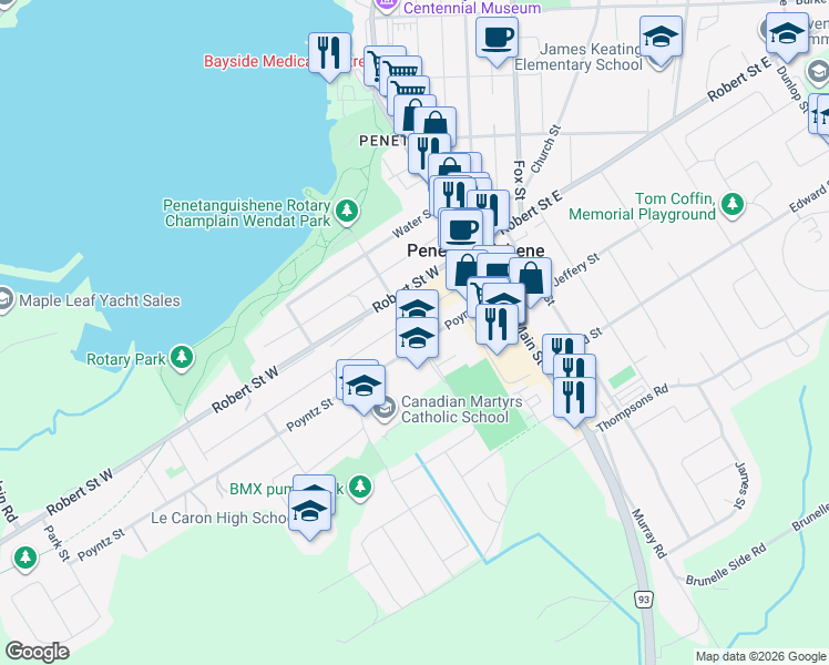 map of restaurants, bars, coffee shops, grocery stores, and more near Owen Street in Penetanguishene