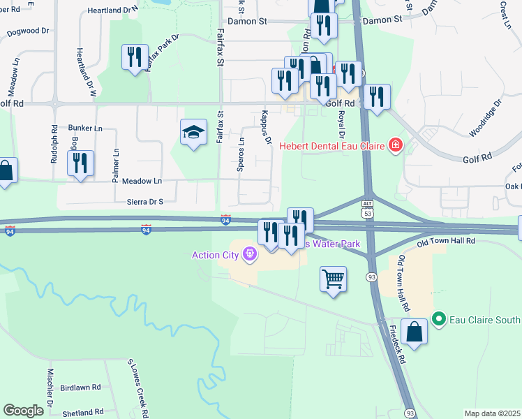 map of restaurants, bars, coffee shops, grocery stores, and more near 4917 Kappus Drive in Eau Claire