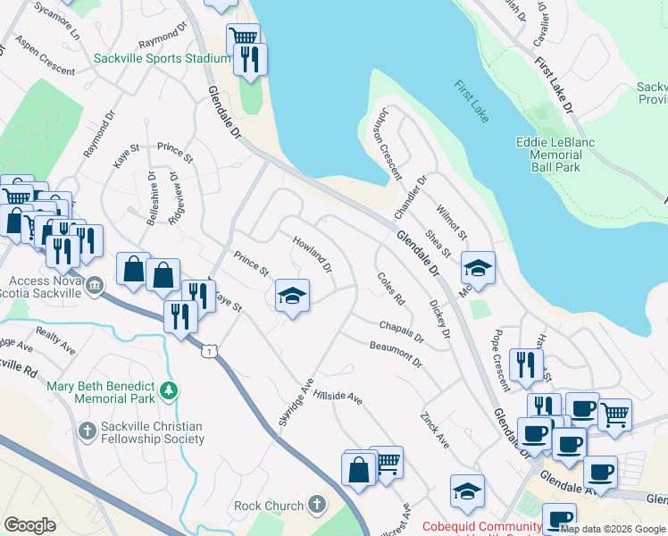 map of restaurants, bars, coffee shops, grocery stores, and more near 13 Howland Drive in Lower Sackville
