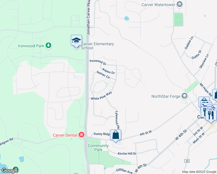 map of restaurants, bars, coffee shops, grocery stores, and more near 1648 White Pine Way in Carver