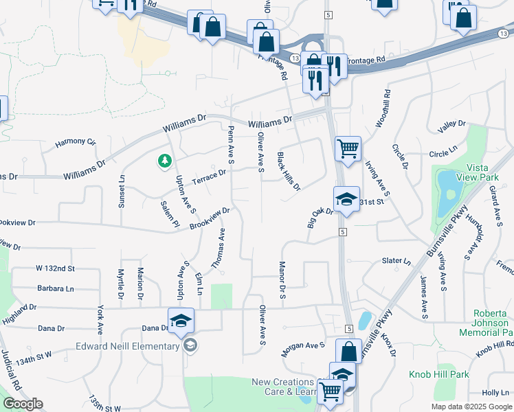 map of restaurants, bars, coffee shops, grocery stores, and more near 13022 Oliver Avenue South in Burnsville