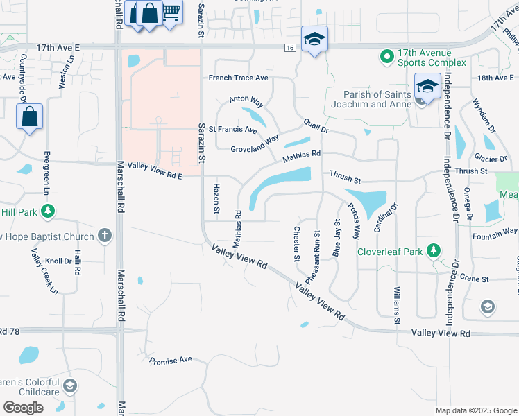 map of restaurants, bars, coffee shops, grocery stores, and more near 2003 Ponds Way in Shakopee