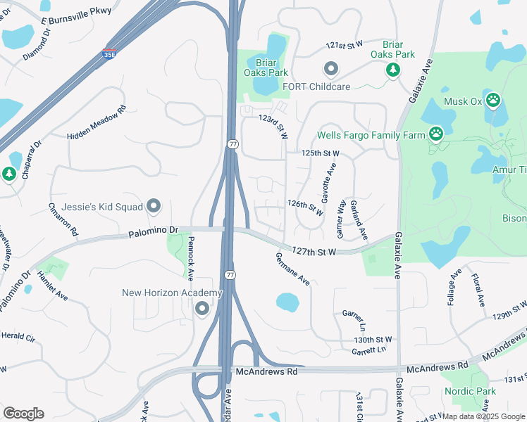 map of restaurants, bars, coffee shops, grocery stores, and more near 7421-7473 127th Street West in Apple Valley