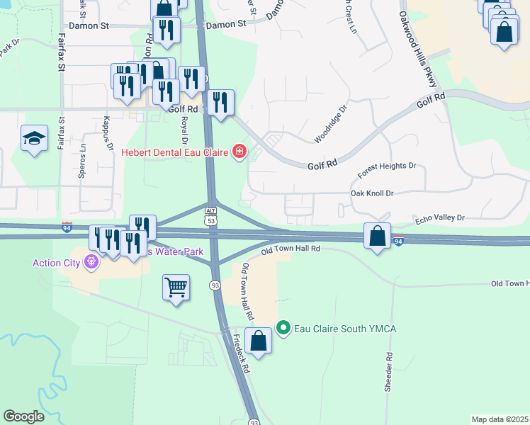 map of restaurants, bars, coffee shops, grocery stores, and more near Interstate 94 in Eau Claire