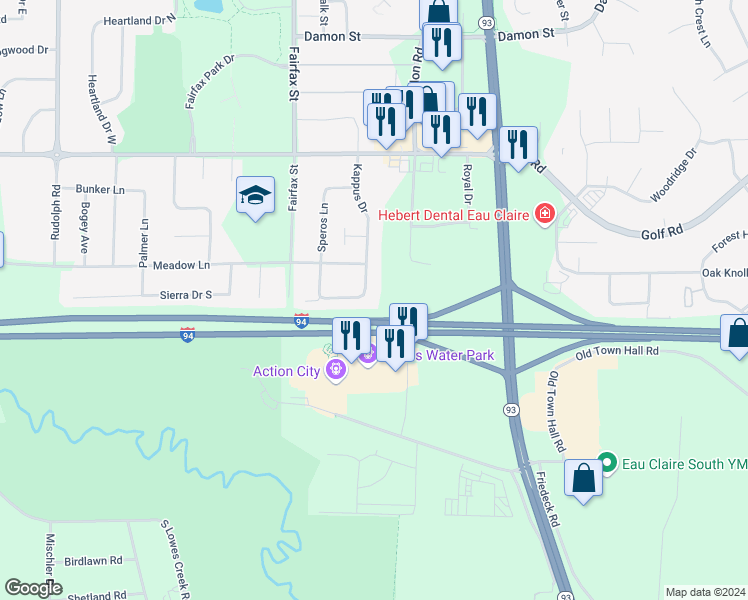 map of restaurants, bars, coffee shops, grocery stores, and more near 4917 Kappus Drive in Eau Claire