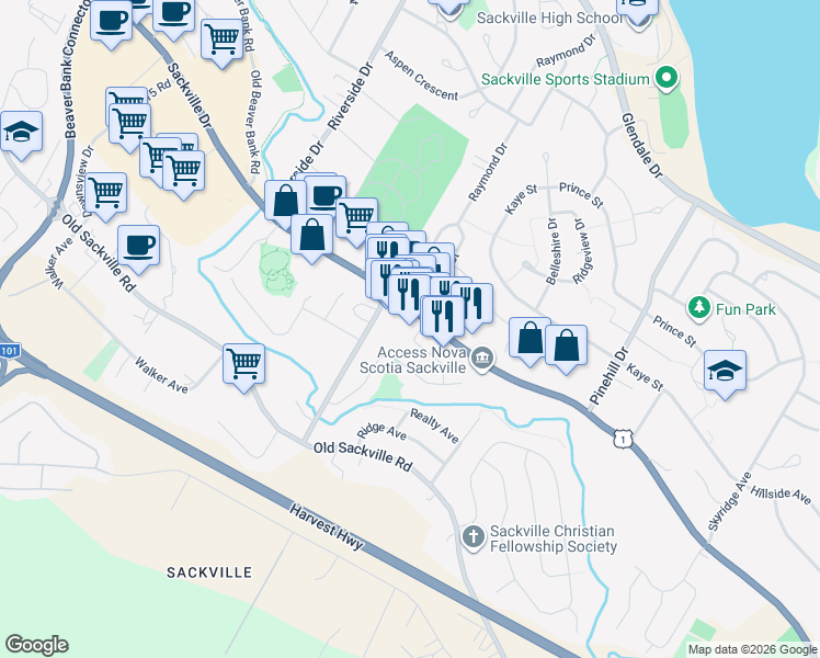 map of restaurants, bars, coffee shops, grocery stores, and more near 546 Sackville Drive in Lower Sackville