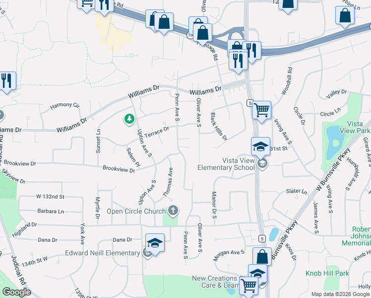 map of restaurants, bars, coffee shops, grocery stores, and more near 2341 Brookview Drive in Burnsville