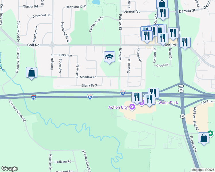 map of restaurants, bars, coffee shops, grocery stores, and more near 2205 Meadow Lane in Eau Claire