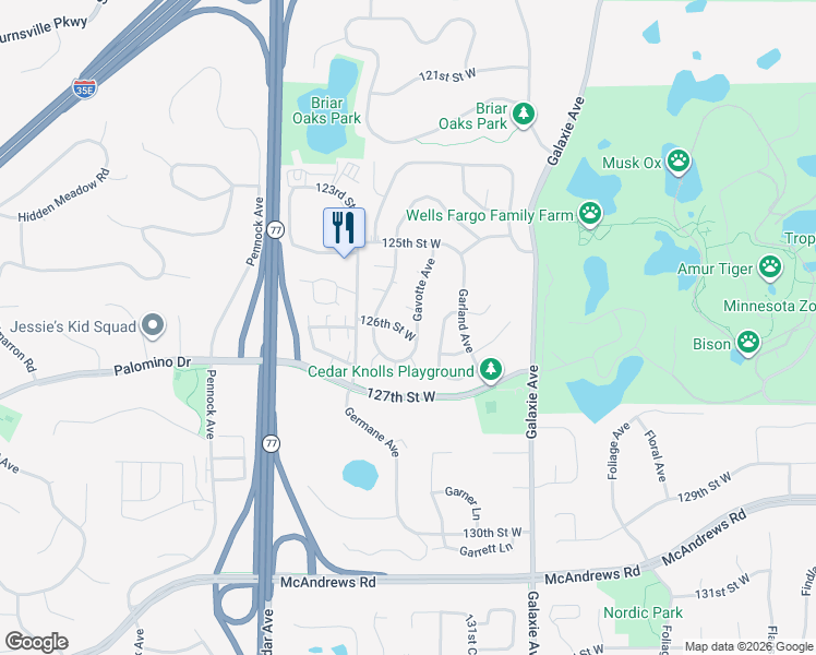 map of restaurants, bars, coffee shops, grocery stores, and more near 12560 Gavotte Avenue in Saint Paul
