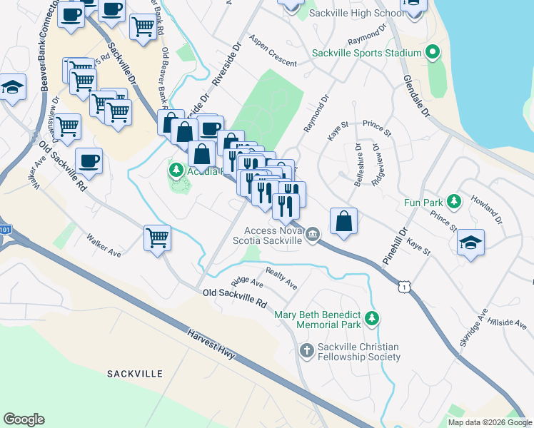 map of restaurants, bars, coffee shops, grocery stores, and more near 546 Sackville Drive in Lower Sackville