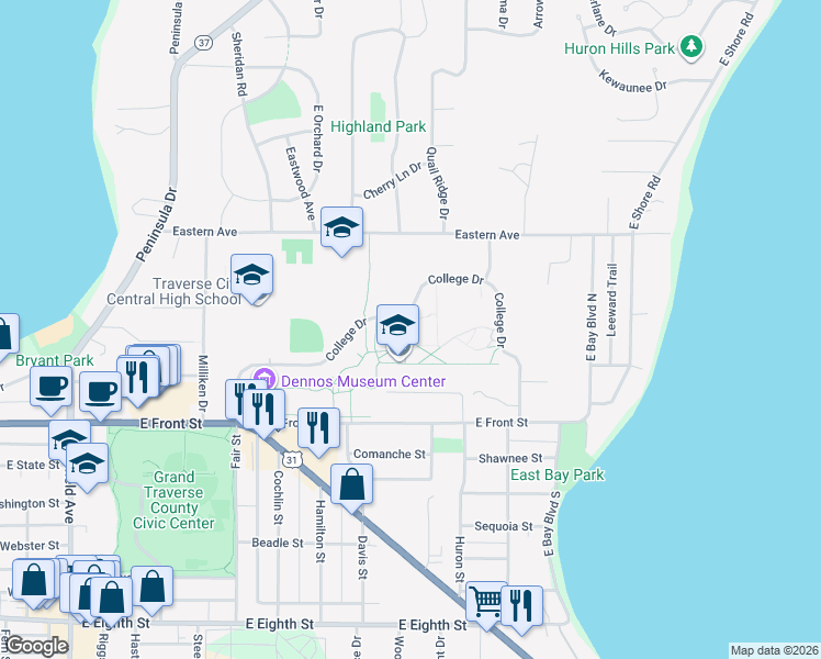 map of restaurants, bars, coffee shops, grocery stores, and more near College Drive in Traverse City