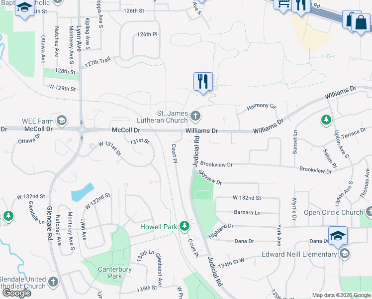 map of restaurants, bars, coffee shops, grocery stores, and more near 13004 Judicial Road in Burnsville