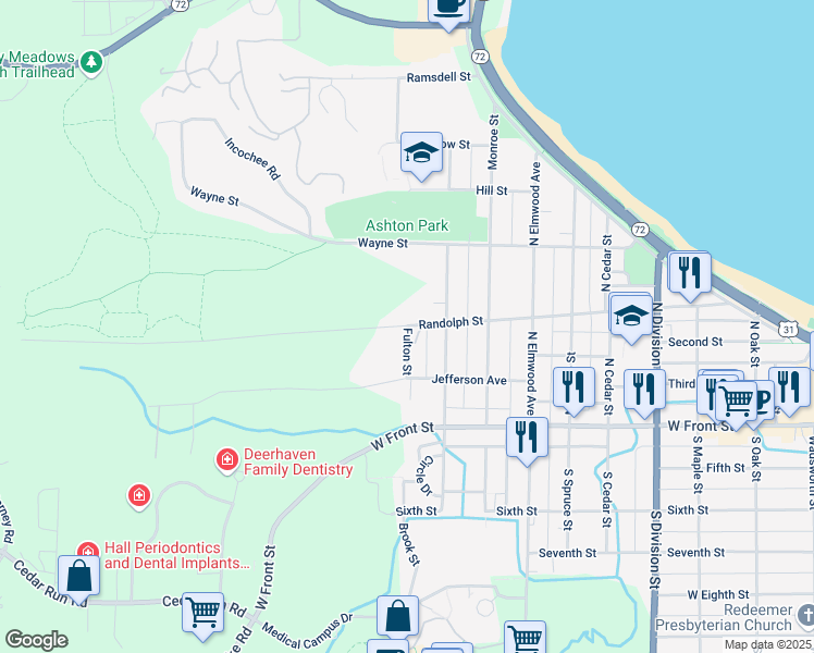 map of restaurants, bars, coffee shops, grocery stores, and more near 1300 Randolph Street in Traverse City