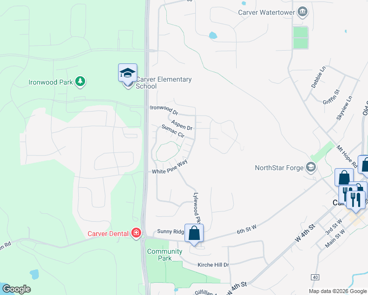 map of restaurants, bars, coffee shops, grocery stores, and more near 1646 White Pine Way in Carver