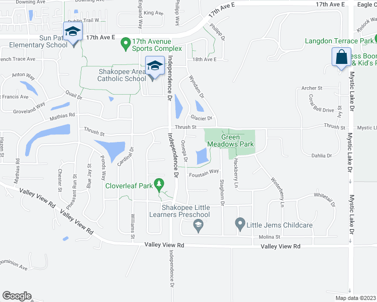 map of restaurants, bars, coffee shops, grocery stores, and more near 1971 Omega Drive in Shakopee