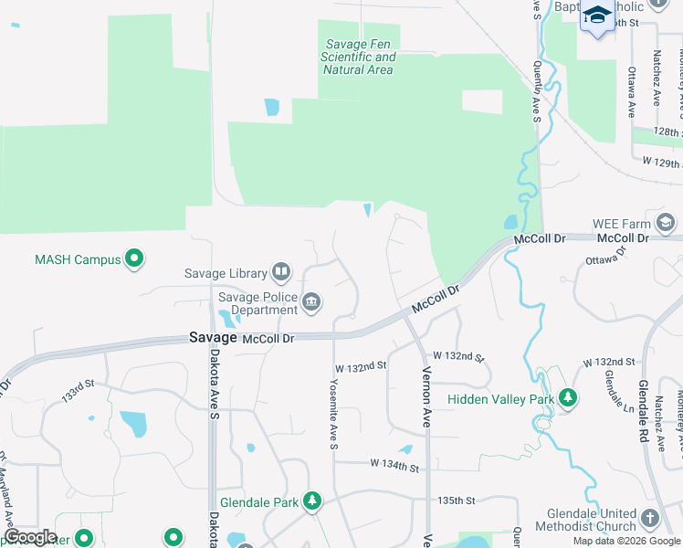 map of restaurants, bars, coffee shops, grocery stores, and more near 13100 Yosemite Avenue South in Savage