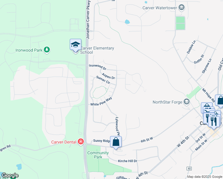 map of restaurants, bars, coffee shops, grocery stores, and more near 1646 White Pine Way in Carver