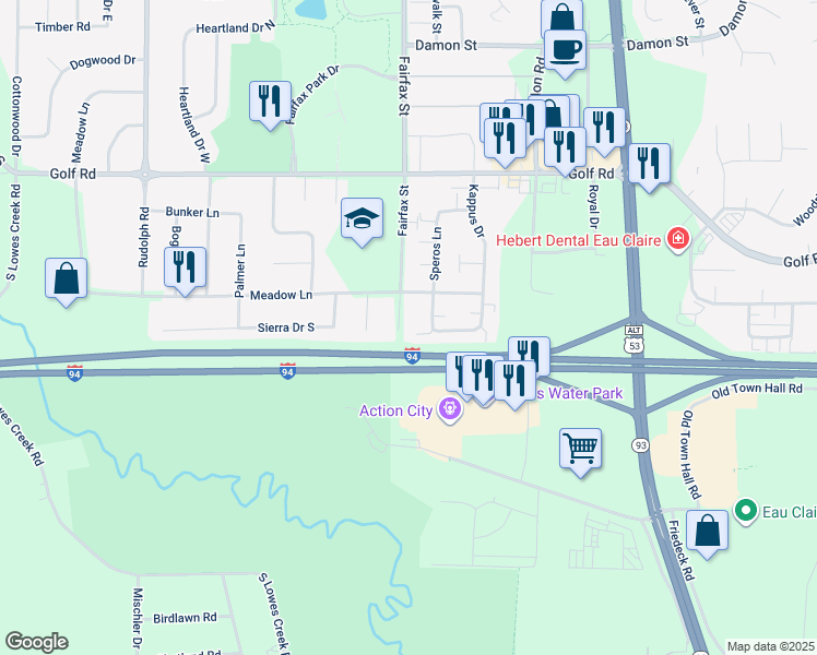 map of restaurants, bars, coffee shops, grocery stores, and more near 4819 Fairfax Street in Eau Claire
