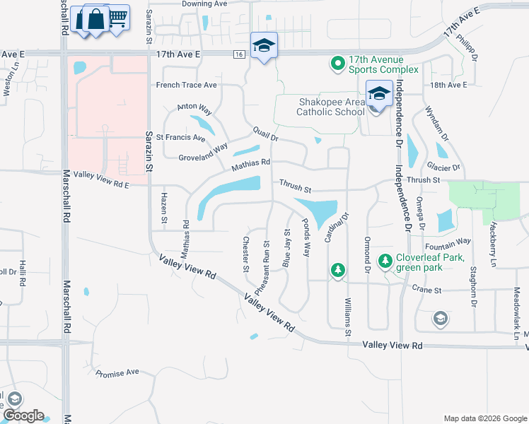 map of restaurants, bars, coffee shops, grocery stores, and more near 2195 Ponds Way in Shakopee