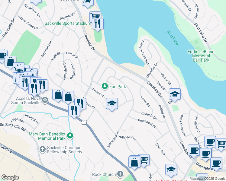 map of restaurants, bars, coffee shops, grocery stores, and more near 20 Howland Court in Lower Sackville