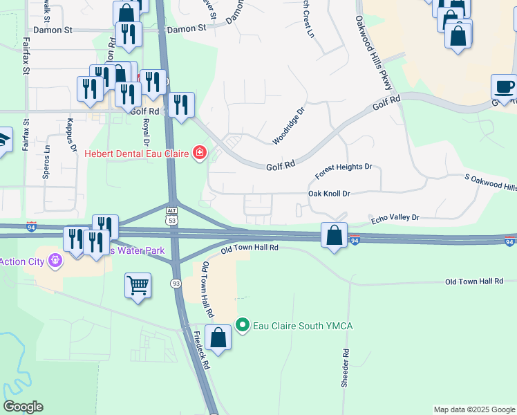 map of restaurants, bars, coffee shops, grocery stores, and more near 3318 Oak Knoll Drive in Eau Claire