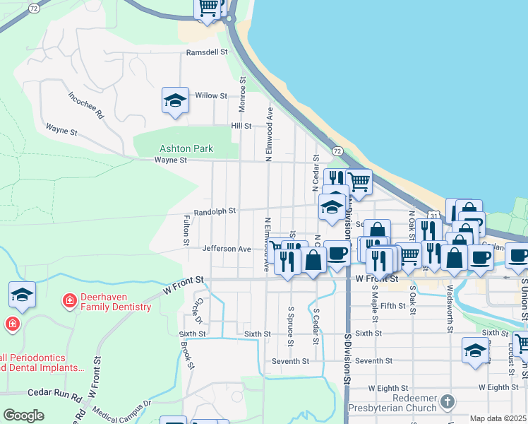 map of restaurants, bars, coffee shops, grocery stores, and more near 319 North Elmwood Avenue in Traverse City