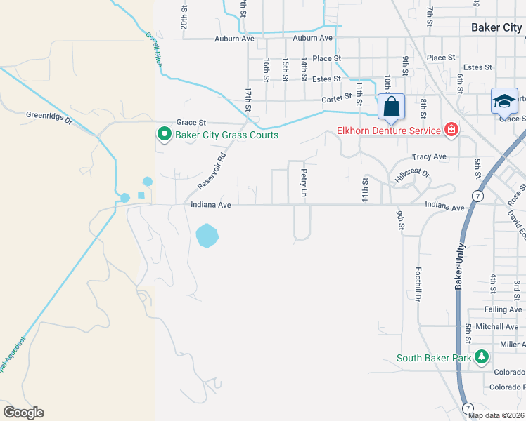map of restaurants, bars, coffee shops, grocery stores, and more near 3495 Indiana Avenue in Baker City