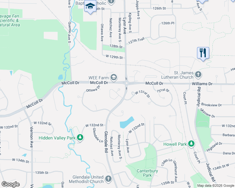 map of restaurants, bars, coffee shops, grocery stores, and more near 4575 West 131st Street in Savage