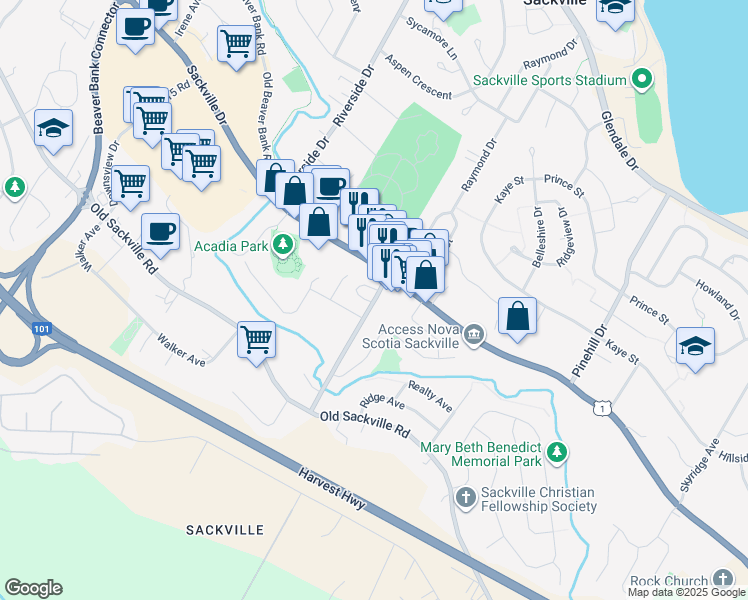 map of restaurants, bars, coffee shops, grocery stores, and more near 34 Sackville Cross Road in Lower Sackville