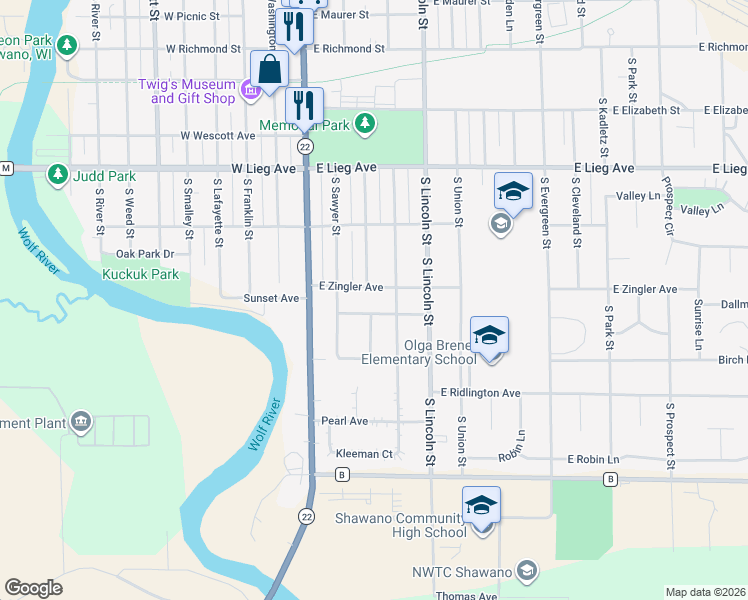map of restaurants, bars, coffee shops, grocery stores, and more near 205 East Zingler Avenue in Shawano