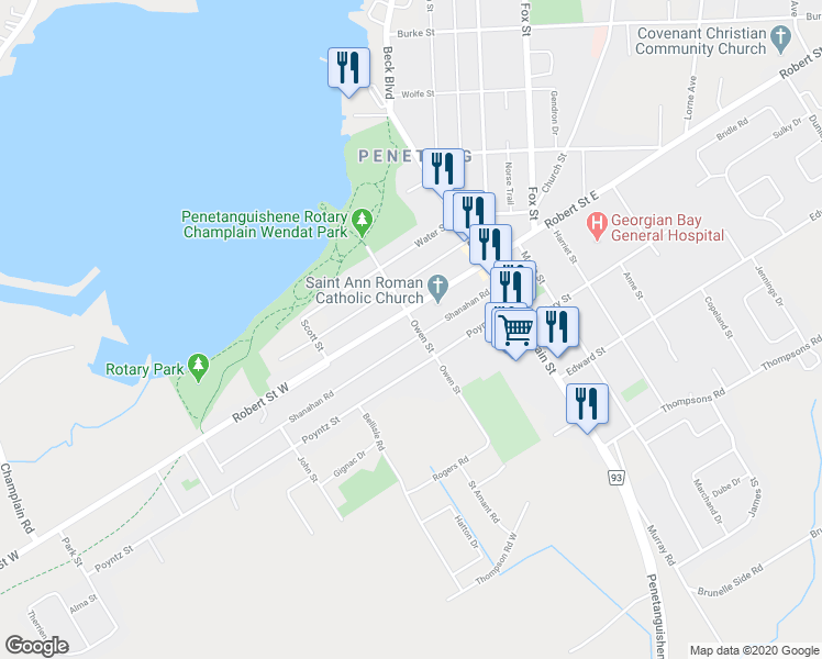 map of restaurants, bars, coffee shops, grocery stores, and more near 24 Owen Street in Penetanguishene