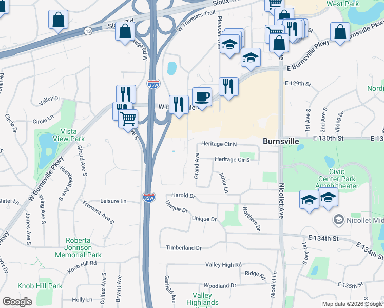 map of restaurants, bars, coffee shops, grocery stores, and more near 13008 Grand Avenue in Burnsville