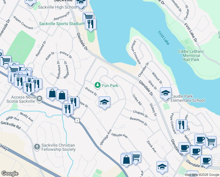 map of restaurants, bars, coffee shops, grocery stores, and more near 204 Skyridge Avenue in Lower Sackville