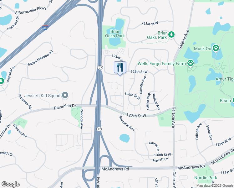map of restaurants, bars, coffee shops, grocery stores, and more near 12633 Glenbrook Way in Apple Valley