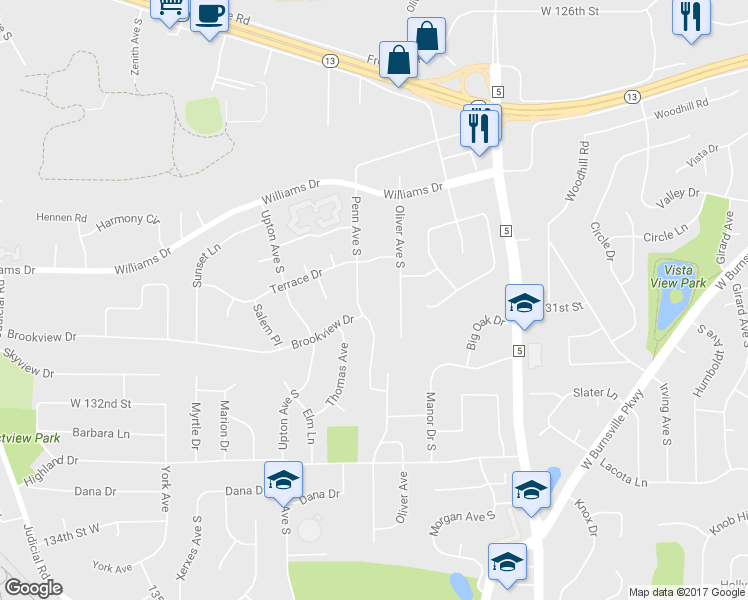 map of restaurants, bars, coffee shops, grocery stores, and more near 13043 Penn Avenue South in Burnsville