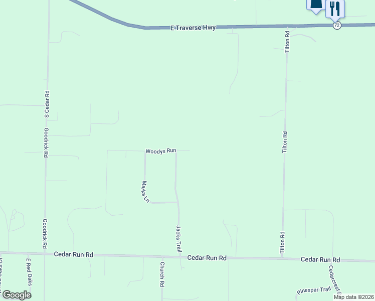 map of restaurants, bars, coffee shops, grocery stores, and more near 9400 Woodys Run in Traverse City