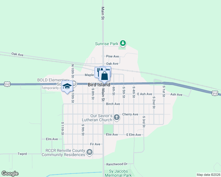 map of restaurants, bars, coffee shops, grocery stores, and more near 101 Main Street in Bird Island