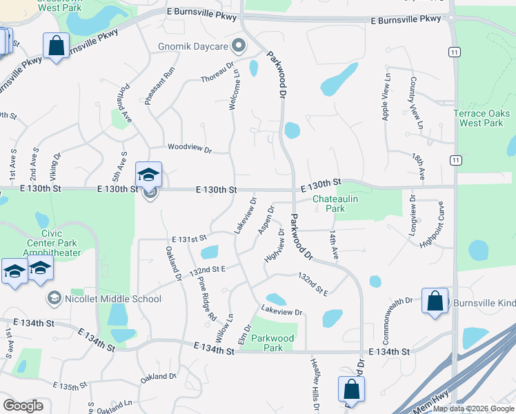 map of restaurants, bars, coffee shops, grocery stores, and more near 1112 Aspen Drive in Burnsville
