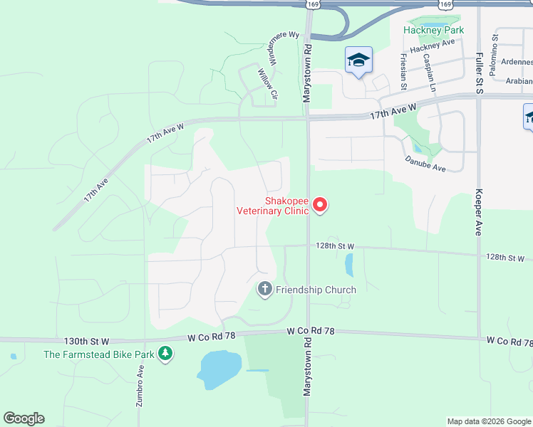 map of restaurants, bars, coffee shops, grocery stores, and more near 1481 Amberglen Circle in Shakopee
