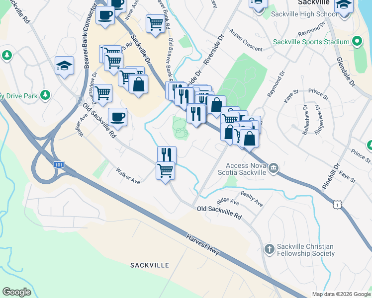 map of restaurants, bars, coffee shops, grocery stores, and more near 4 Emily Court in Lower Sackville
