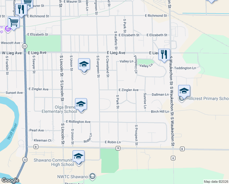 map of restaurants, bars, coffee shops, grocery stores, and more near 1109 East Zingler Avenue in Shawano