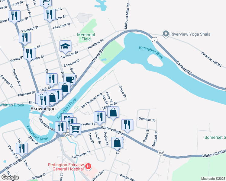 map of restaurants, bars, coffee shops, grocery stores, and more near 80 Mount Pleasant Avenue in Skowhegan