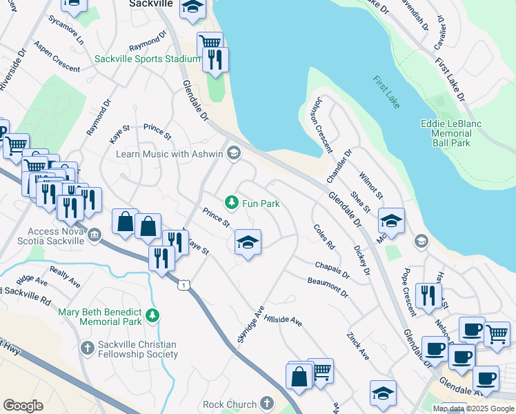 map of restaurants, bars, coffee shops, grocery stores, and more near 40 Howland Drive in Lower Sackville