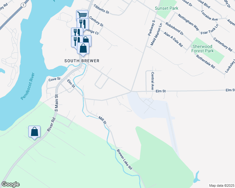 map of restaurants, bars, coffee shops, grocery stores, and more near 110 Elm Street in Brewer